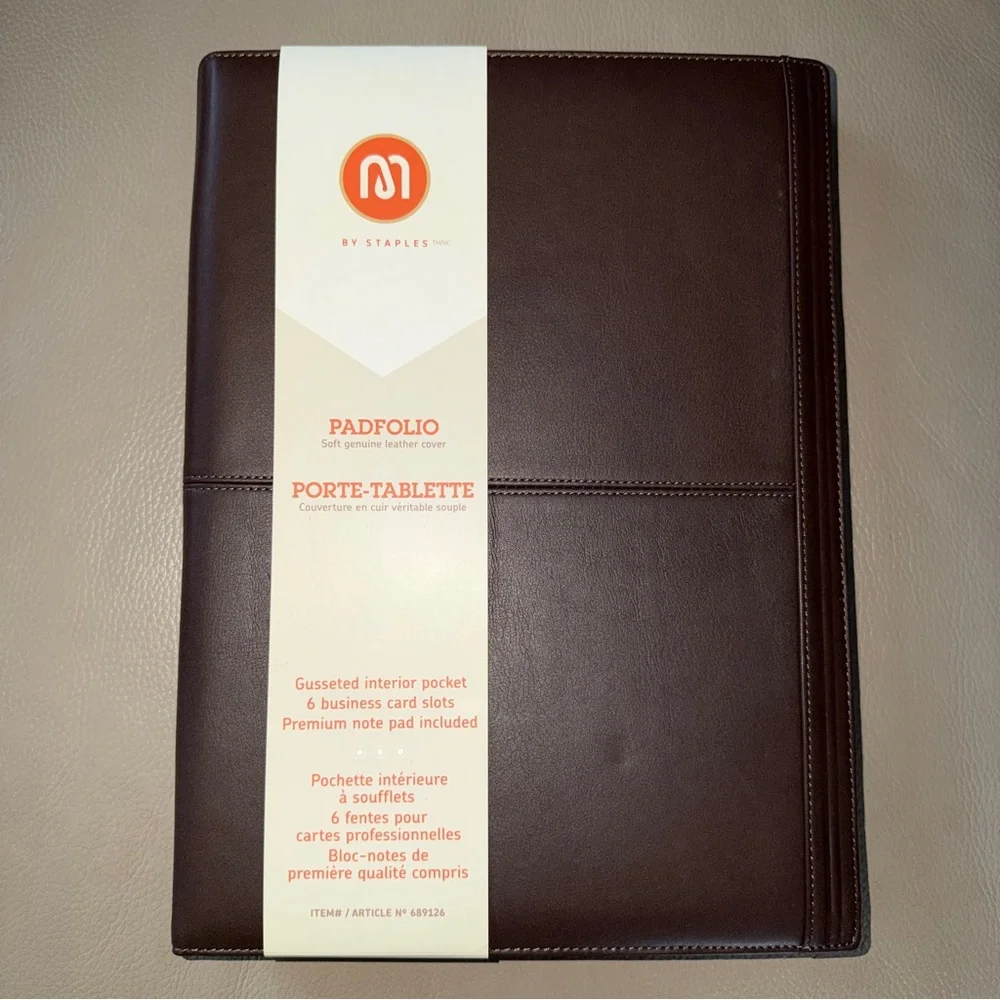 New Padfolio Brown Leather with Notepad, M by Staples with Interior Slit Pockets